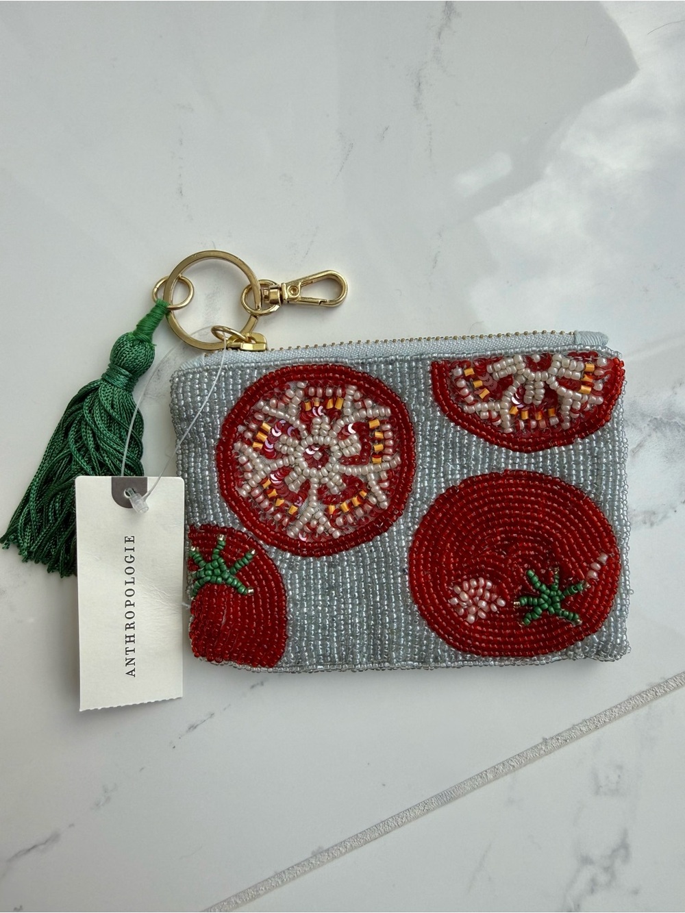 NWT Anthropologie Beaded Tomato Coin Purse with Green Tassel